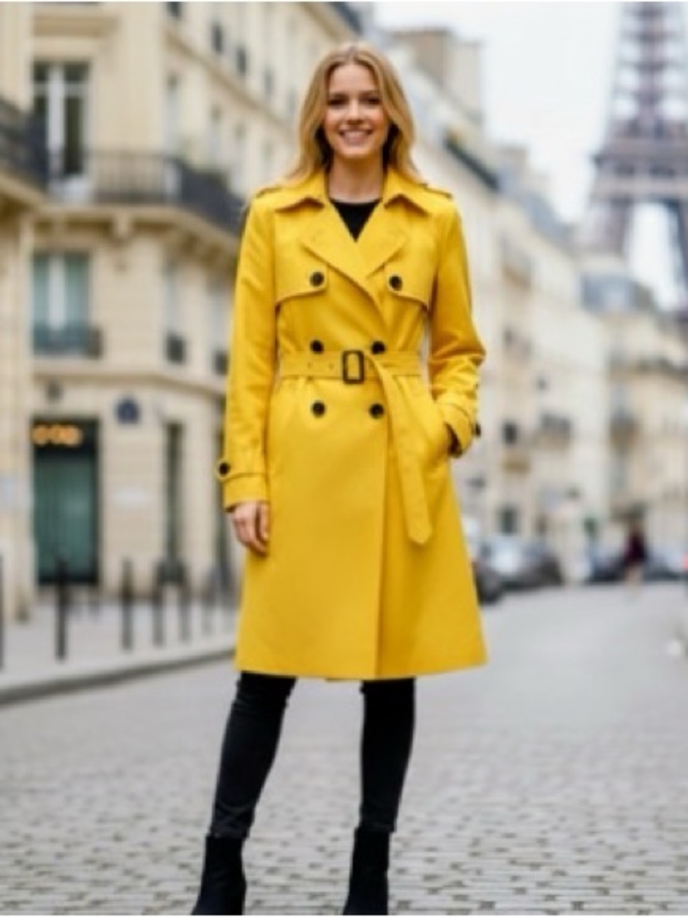 New York & Company Yellow Double-Breasted Trench Coat